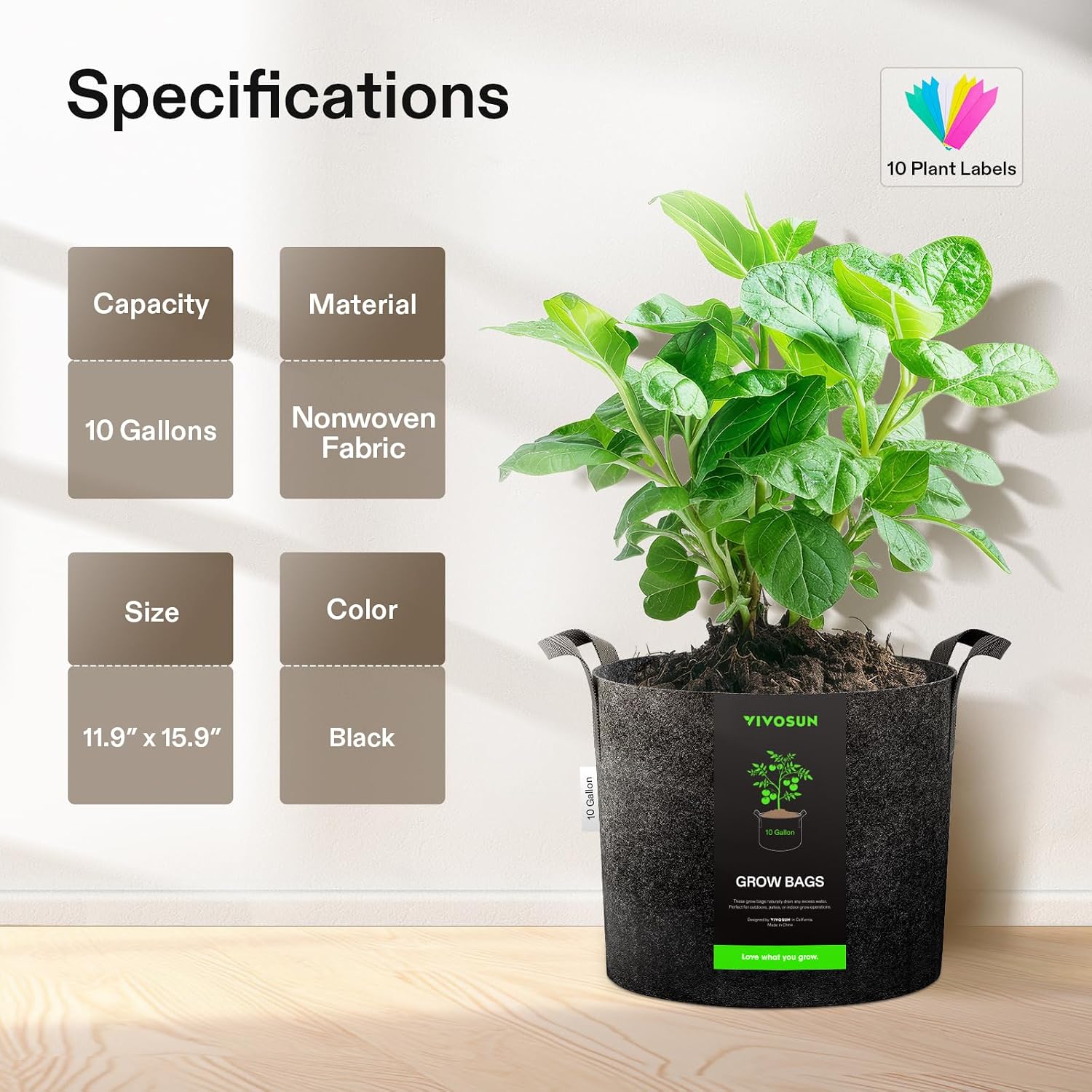 VIVOSUN 5-Pack 10 Gallon Plant Grow Bags Fabric Pots with Handles