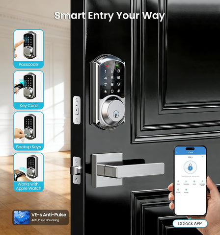 Veise VE06-L Smart Deadbolt Lock with 2 Lever Handle Set, Satin Nickel