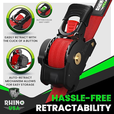Rhino USA Retractable Ratchet Straps (4-Pack) - 1in x 10ft, Red