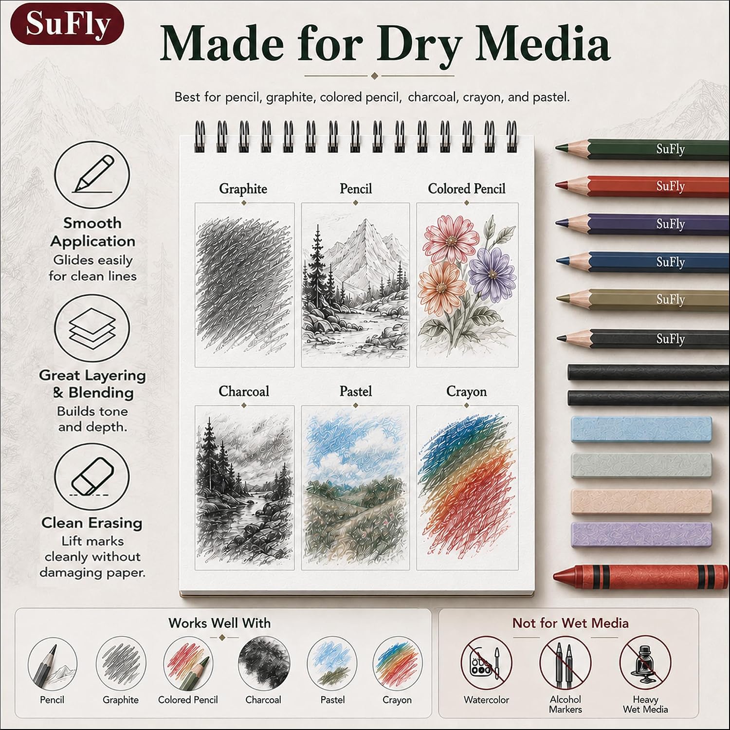 SuFly Sketch Book 9x12, 100-Sheet Drawing Paper Pad, 68lb/100gsm, Acid-Free