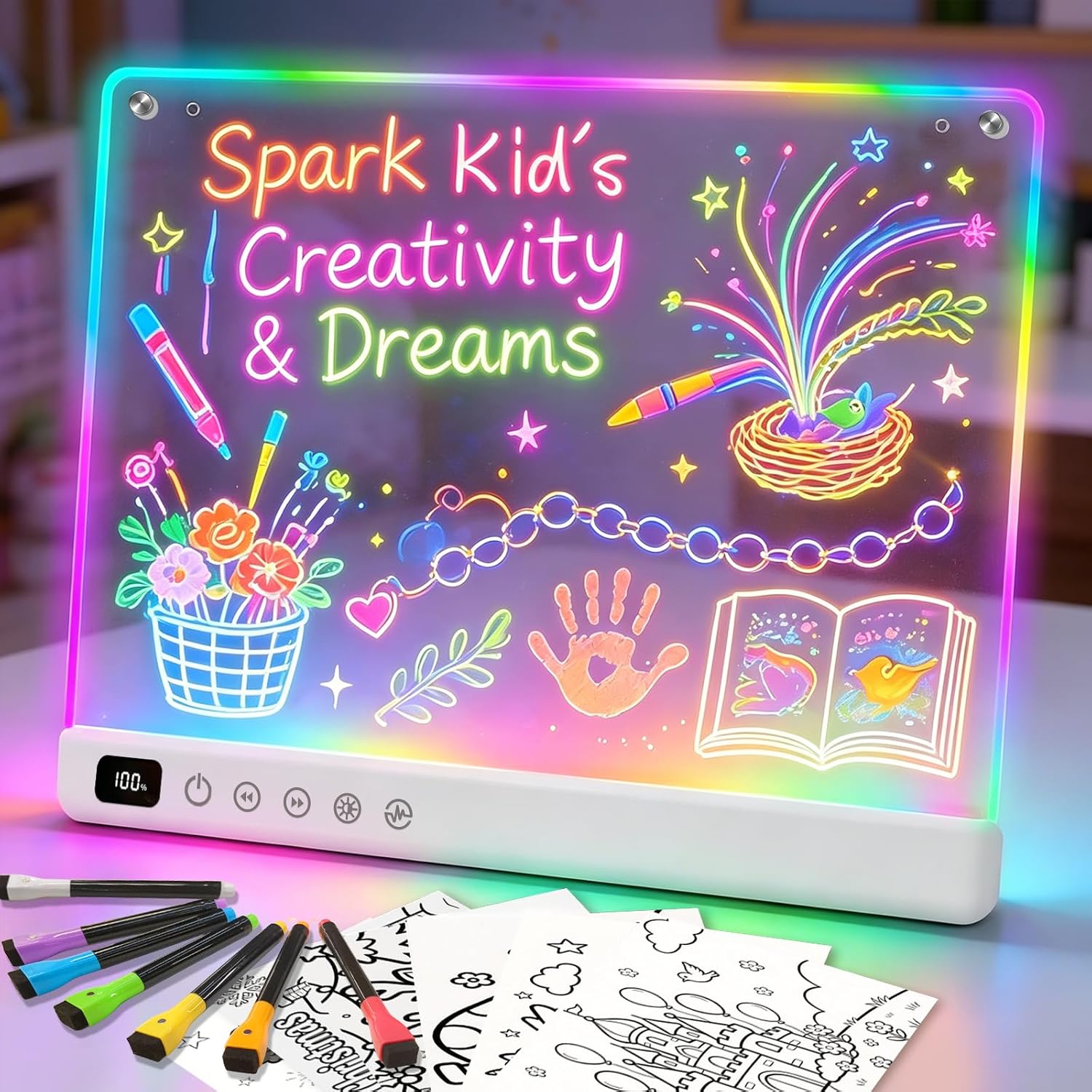 Led Drawing Board with 13 Light Effects, 16" Rechargeable Glow Doodle LED Note Board with Colors, Neon Light Up Drawing Tablet Gifts for Kids for Easter Birthday Christmas Gift Ideas