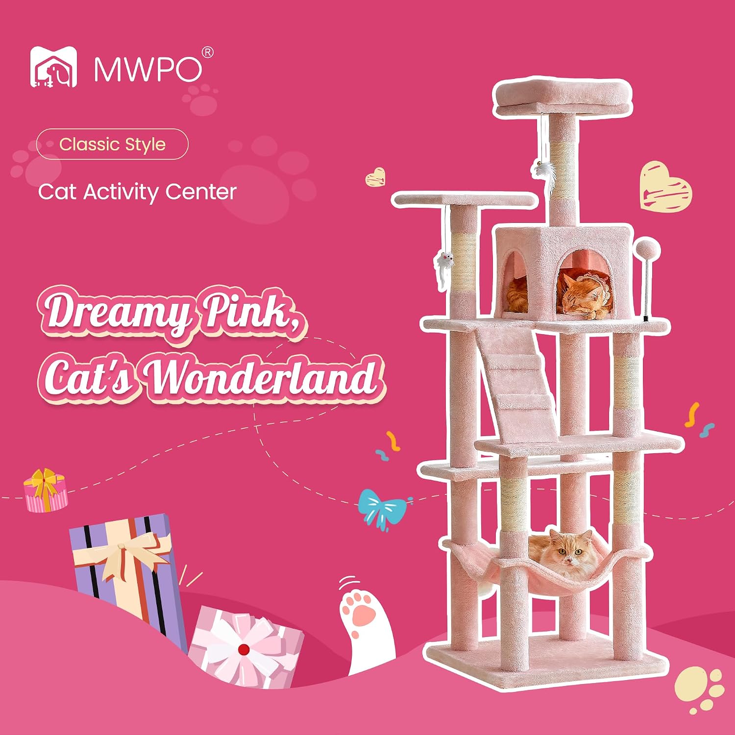 MWPO 63.8-Inch Pink Cat Tree for Indoor Cats, Multi-Level Cat Tower with Sisal-Covered Scratching Posts, Padded Platform, Hammock, Dangling Toys, Stable Cat Condo Pet Play House