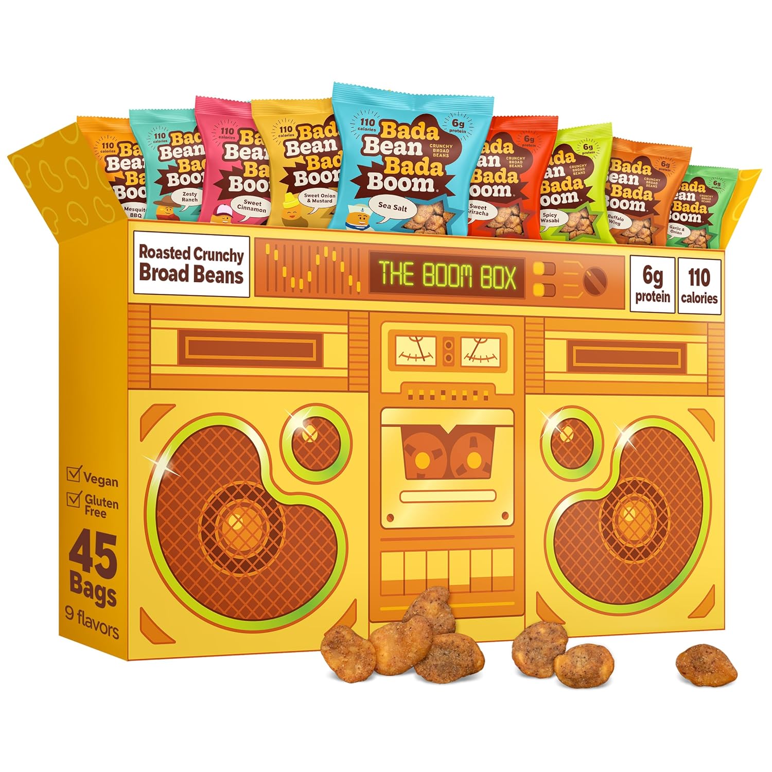 Bada Bean Bada Boom, Crunchy Roasted Broad Bean Snacks (Fava), High Protein, Vegan, Gluten-free - 110 Calorie Packs, The Boom Box Variety Pack, 1 Ounce (Pack of 45)