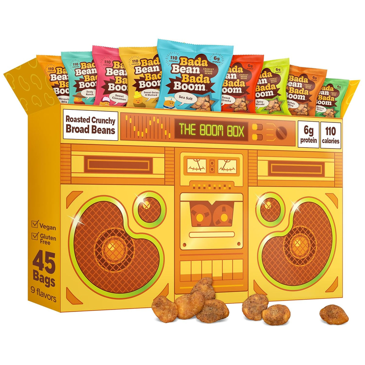 Bada Bean Bada Boom, Crunchy Roasted Broad Bean Snacks (Fava), High Protein, Vegan, Gluten-free - 110 Calorie Packs, The Boom Box Variety Pack, 1 Ounce (Pack of 45)
