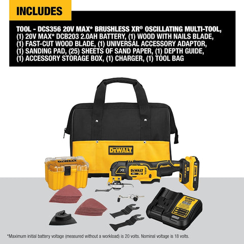 DEWALT 20V Oscillating Tool, Cordless, Wood Blades, Sandpaper, Tool Bag, Battery and Charger Included (DCS356SD1)
