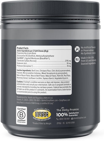 Zesty Paws Vet Strength Mobility Bites Beef & Bacon Flavor Hip & Joint Support Chews for Dogs with Glucosamine, Chondroitin, MSM, Hyaluronic Acid & Serrazimes - 90 Count