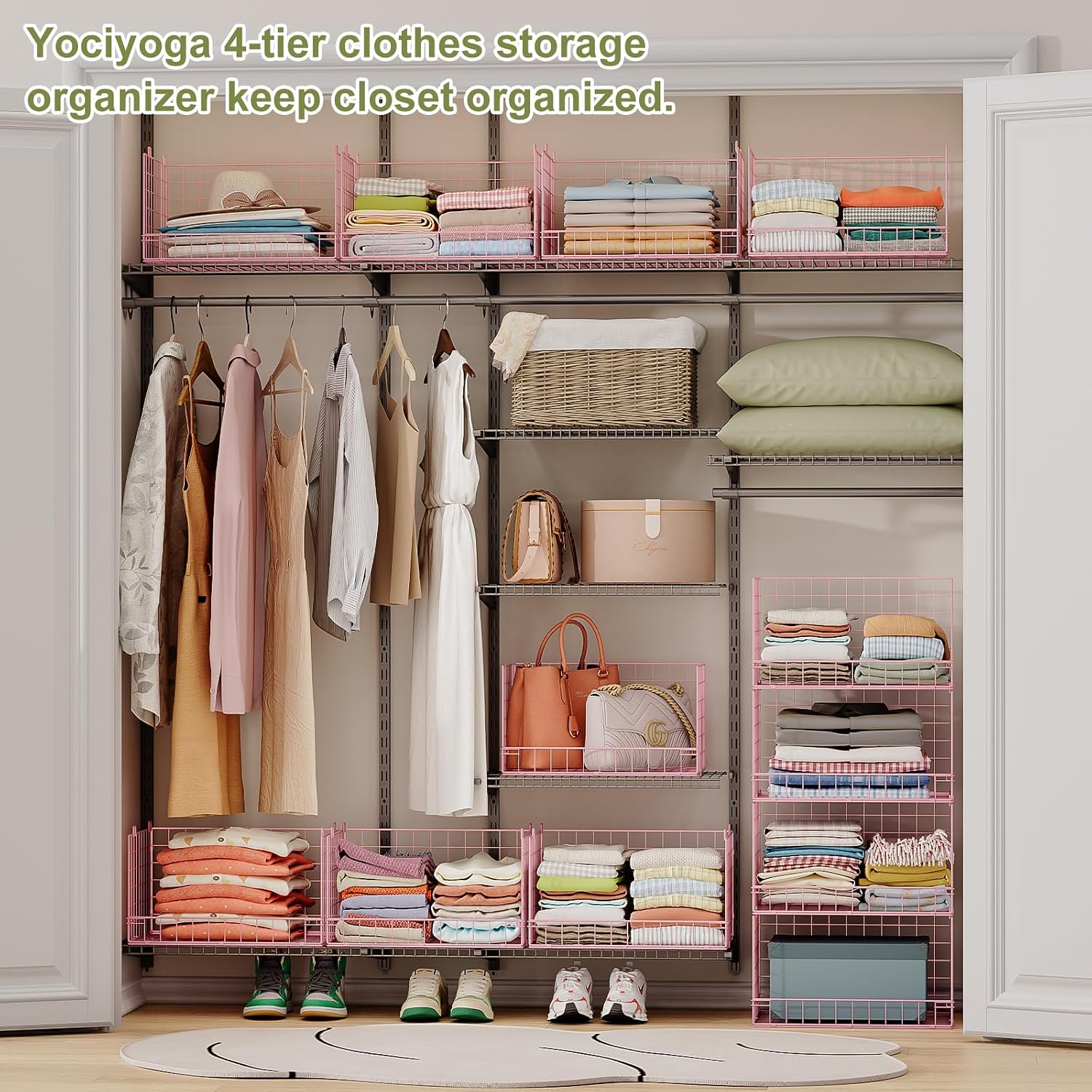 4-Tier Closet Organizers and Storage, Stackable Closet Organizer Basket, Foldable Closet Shelf Organizer Basket, Stackable Storage Bins and Organizer Shelves for Home Closet Organizer System, Pink
