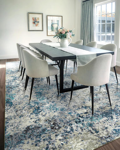 Washable Area Rug for Living Room: 9x12 Modern Abstract Neutral Soft Rug for Bedroom Dining Room No Slip Low Pile Carpet for Nursery Home Office - Grey/Blue