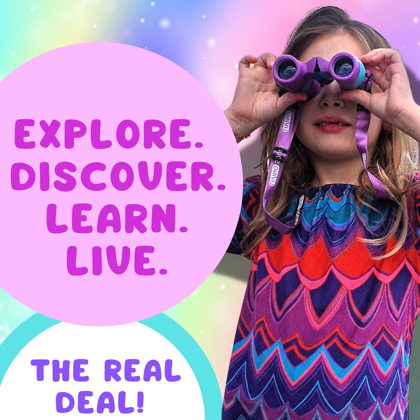 Living Squad Kids Purple Binoculars 8x21 - High-Resolution Optics, Shock-Proof, Ideal for Young Explorers (Children Ages 3-12), Break-Away Neck Strap, for Exploration and Birdwatching