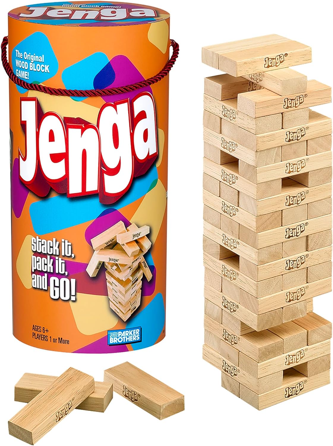 Hasbro Gaming Jenga Wooden Blocks Stacking Tumbling Tower Game | Party Games for Kids & Families | Stocking Stuffers | Ages 6+ (Amazon Exclusive)
