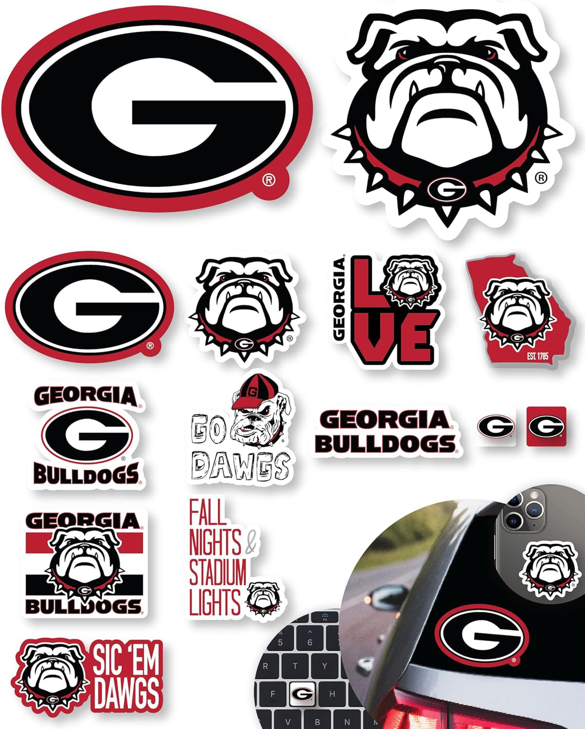 UGA Gifts Georgia Bulldogs Stickers & Decals 14 Pc Set for Car Water Bottle