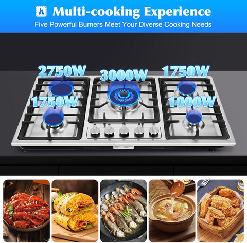 5 Burners Gas Cooktop, 34 inch Built-in Gas Stove Top Stainless Steel LPG/NG Countertop Hob Cooker for Home Hotel Restaurant