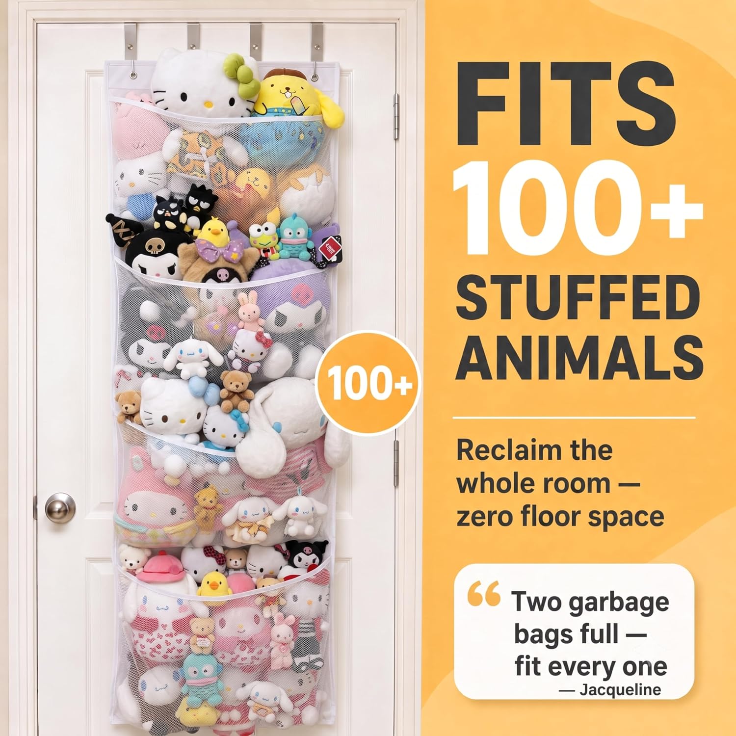 Honeyera The Original Stuffed Animal Storage (Patented) - Over Door Organizer for Stuffies, Baby Ideas Holder, Toy Plush Hammock Hanging Net Big Girls Toddler Large Bag Animals Stuffy Behind