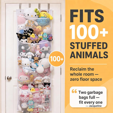Honeyera The Original Stuffed Animal Storage (Patented) - Over Door Organizer for Stuffies, Baby Ideas Holder, Toy Plush Hammock Hanging Net Big Girls Toddler Large Bag Animals Stuffy Behind