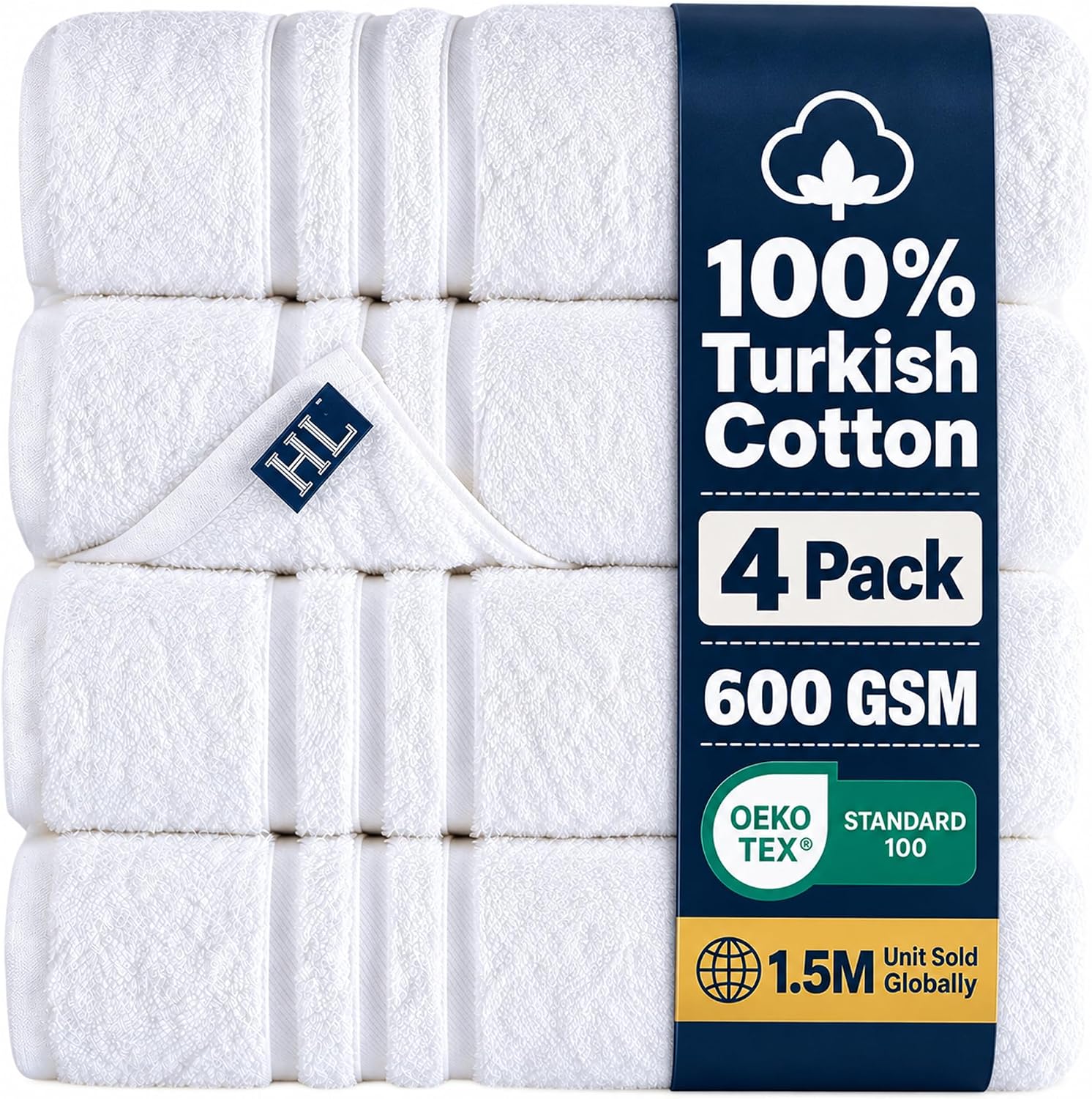 Hawmam Bath Linen Towels Large, Turkish Cotton, 4 Pack, White