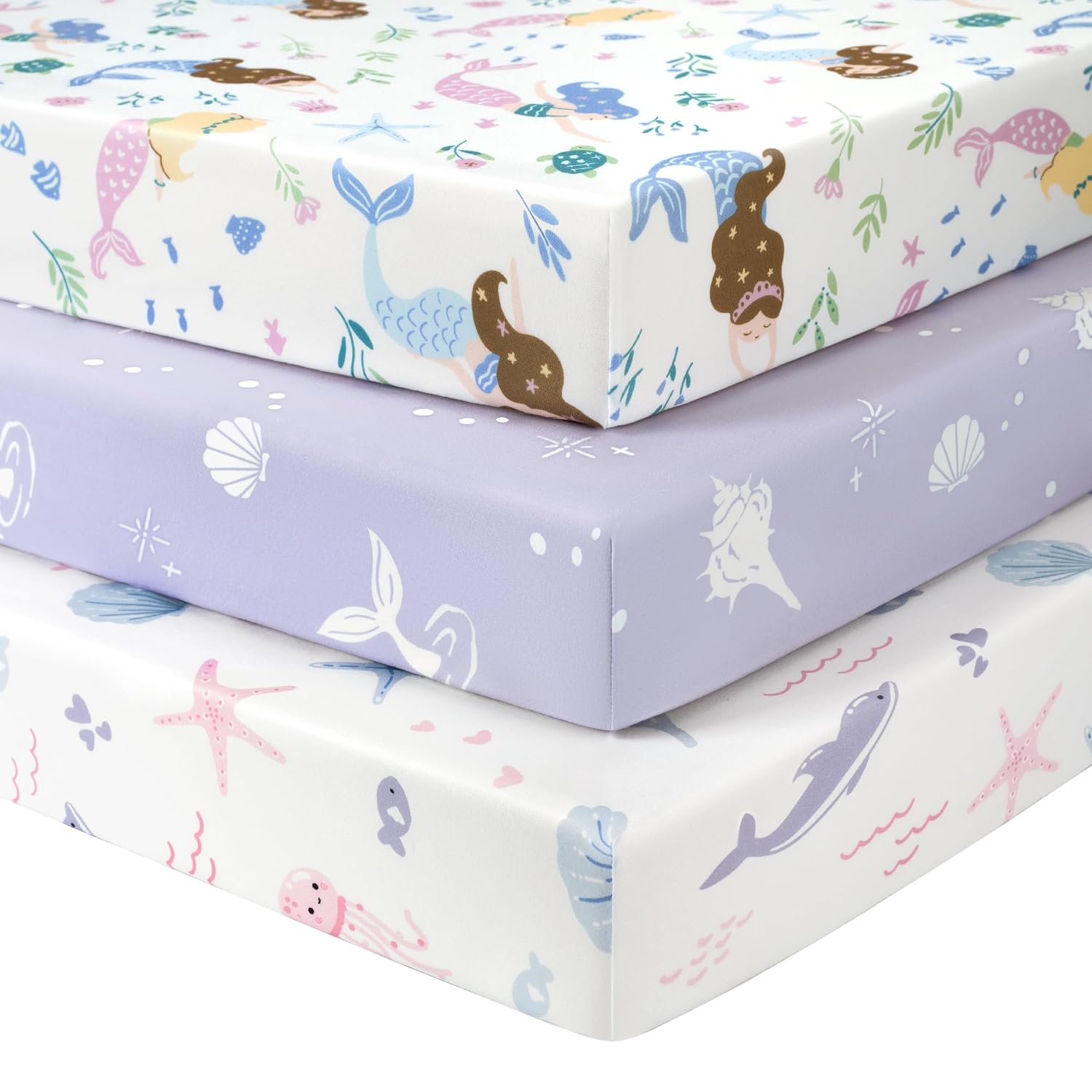 Baby Mini Crib Sheets Girl, Portable 38”x26” Pack and Play Sheets Fitted for Playard and Pack N Play Mattress, 3-Pack Soft Microfiber Purple Mermaid