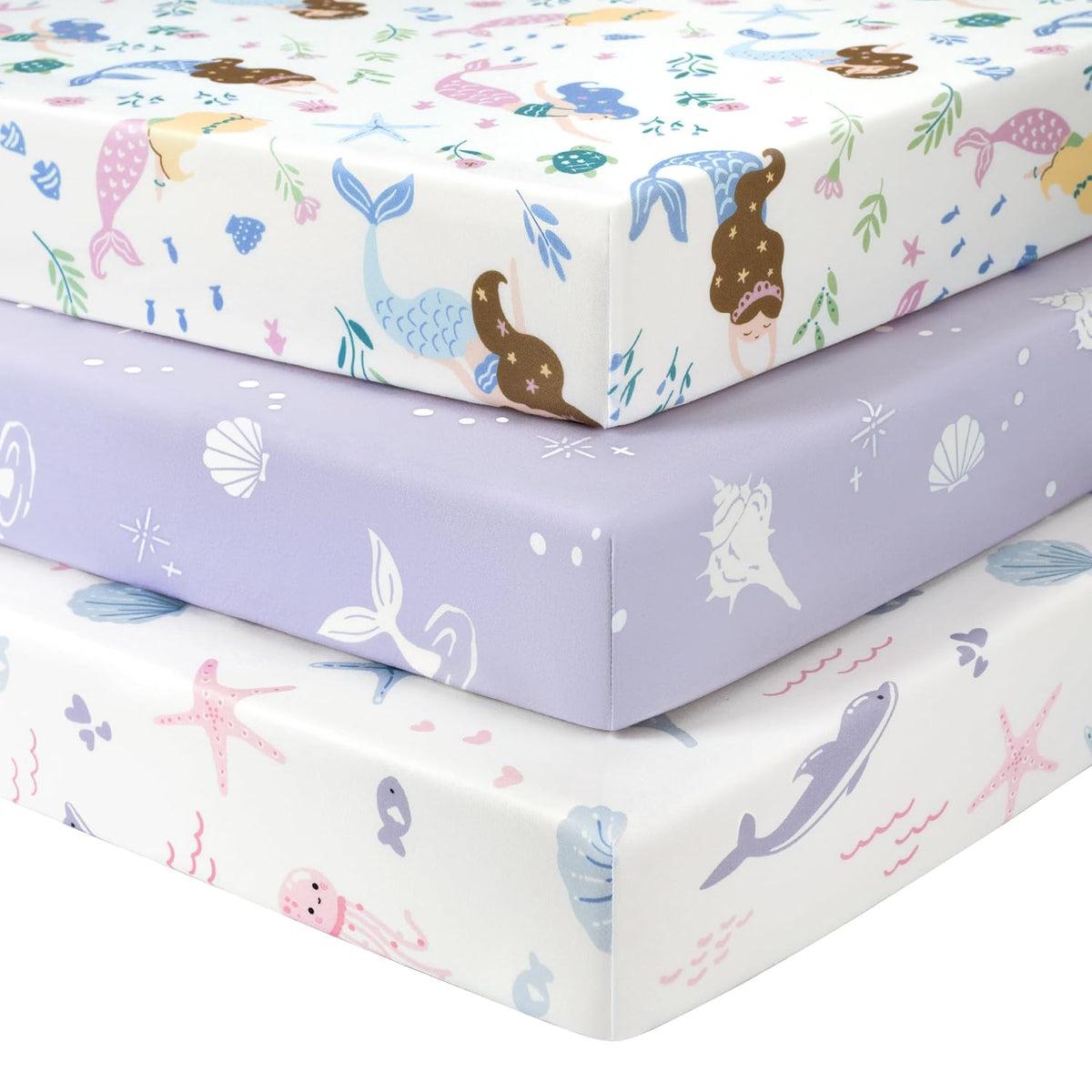 Baby Mini Crib Sheets Girl, Portable 38”x26” Pack and Play Sheets Fitted for Playard and Pack N Play Mattress, 3-Pack Soft Microfiber Purple Mermaid