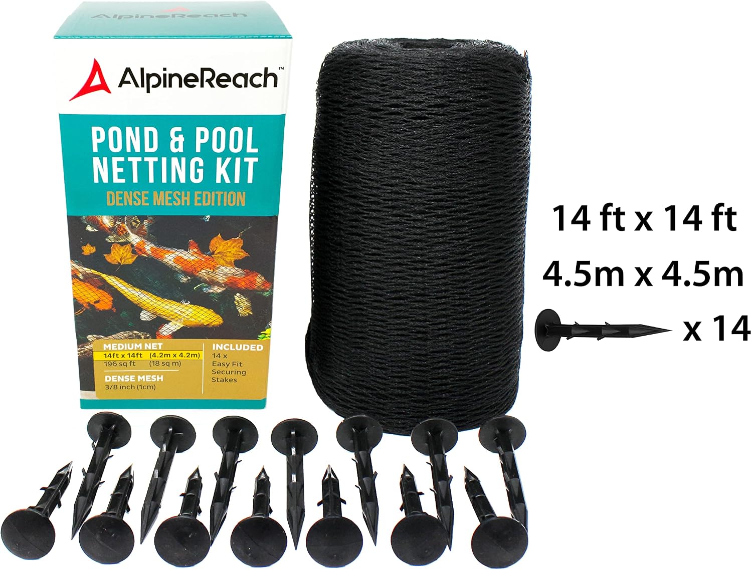 AlpineReach Koi Pond Netting Kit 14 x 14 ft Black Heavy Duty Woven Fine Mesh Net Cover for Leaves - Protects Koi Fish from Blue Heron Birds, Cats & Predators – Reusable & Stakes Included