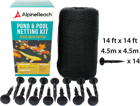 AlpineReach Koi Pond Netting Kit 14 x 14 ft Black Heavy Duty Woven Fine Mesh Net Cover for Leaves - Protects Koi Fish from Blue Heron Birds, Cats & Predators – Reusable & Stakes Included