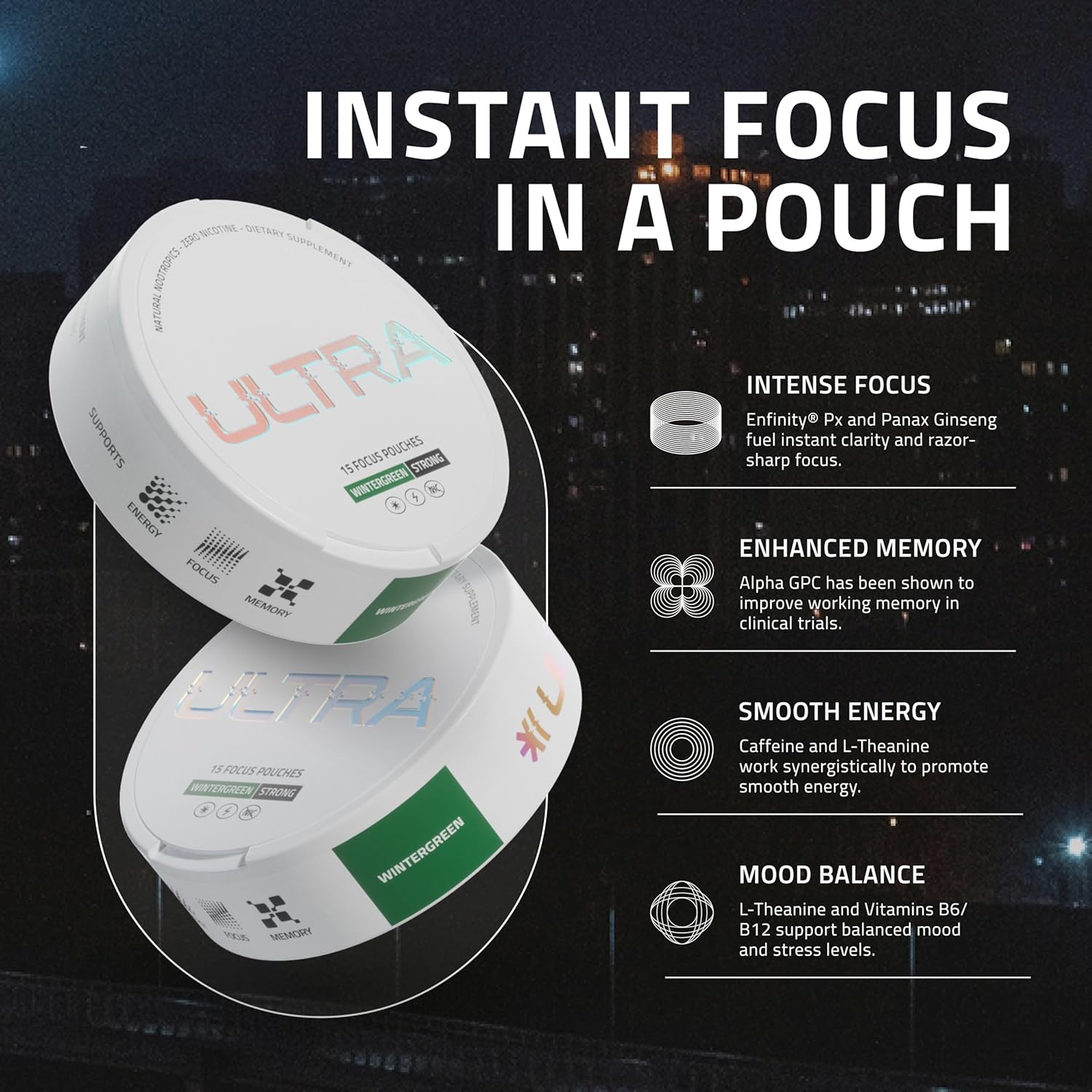 Ultra Focus Pouches (Wintergreen, 3 Cans) Nicotine and Caffeine Free