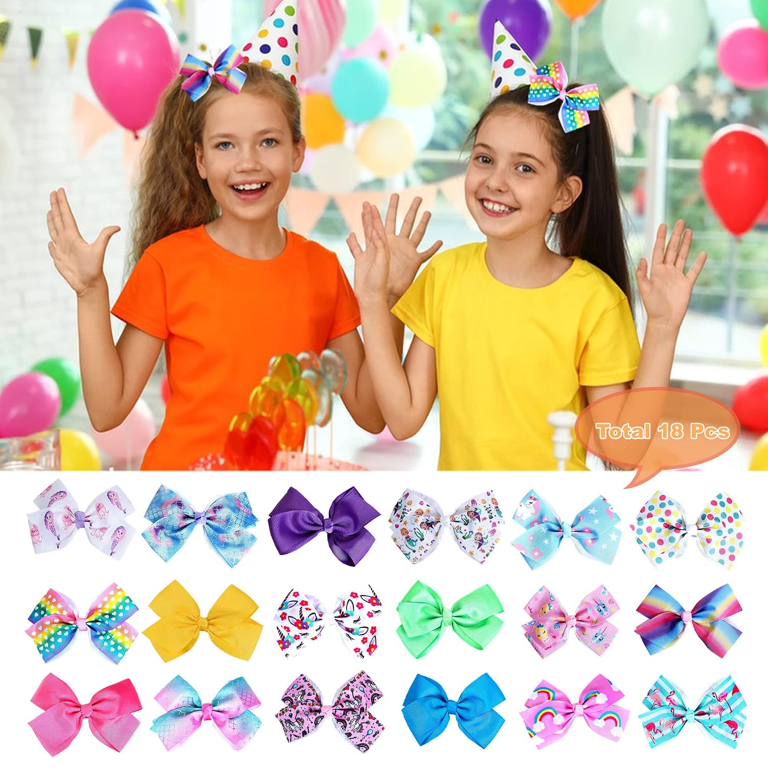18Pcs 5 Inch Hair Bows for Girls,Colorful Rainbow Girls Hair Bows