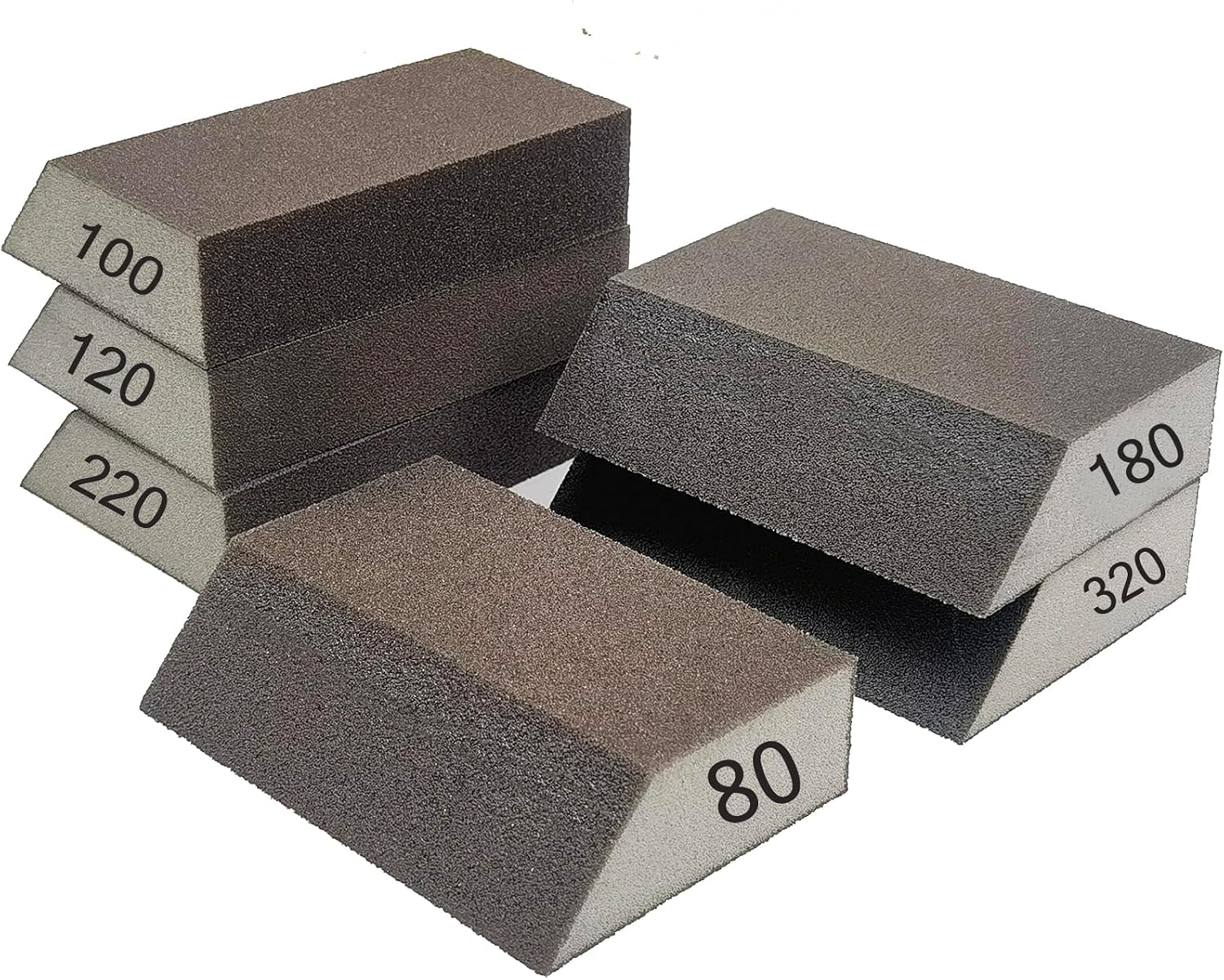 6 PCS Single Sanding Sponge Set - 80/100/120/180/220/320 Grit Sanding Blocks Assortment, Washable and Reusable