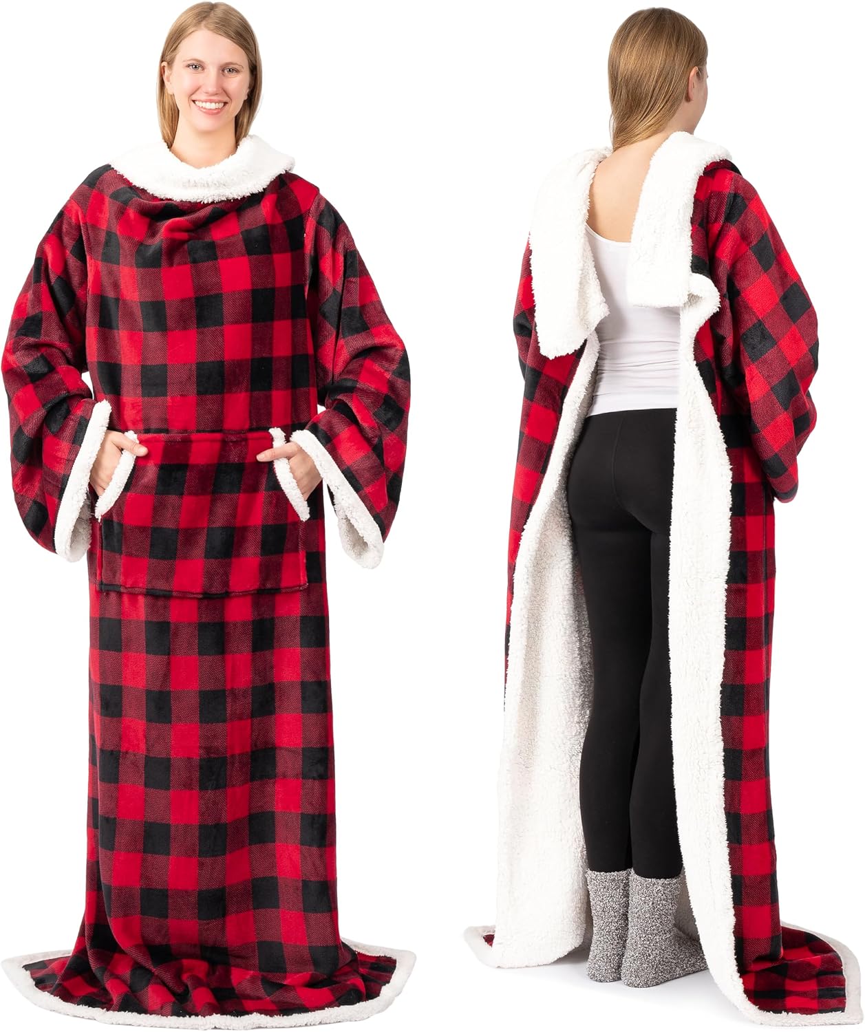 PAVILIA Sherpa Wearable Blanket with Sleeves and Pocket, Plush Thick Cozy Body Blanket Wrap for Adult Women Men, Christmas Gift for Wife Mom, Buffalo Red Black