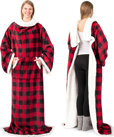 PAVILIA Sherpa Wearable Blanket with Sleeves and Pocket, Plush Thick Cozy Body Blanket Wrap for Adult Women Men, Christmas Gift for Wife Mom, Buffalo Red Black