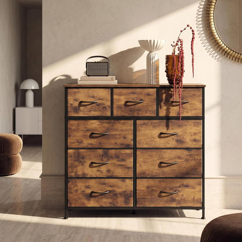 WLIVE Tall Dresser for Bedroom, 9 Drawer Chest of Drawers, Rustic Brown