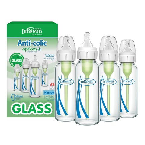 Dr. Brown's Anti-Colic Options+ Narrow Glass Baby Bottle, 8 oz, 4-Pack