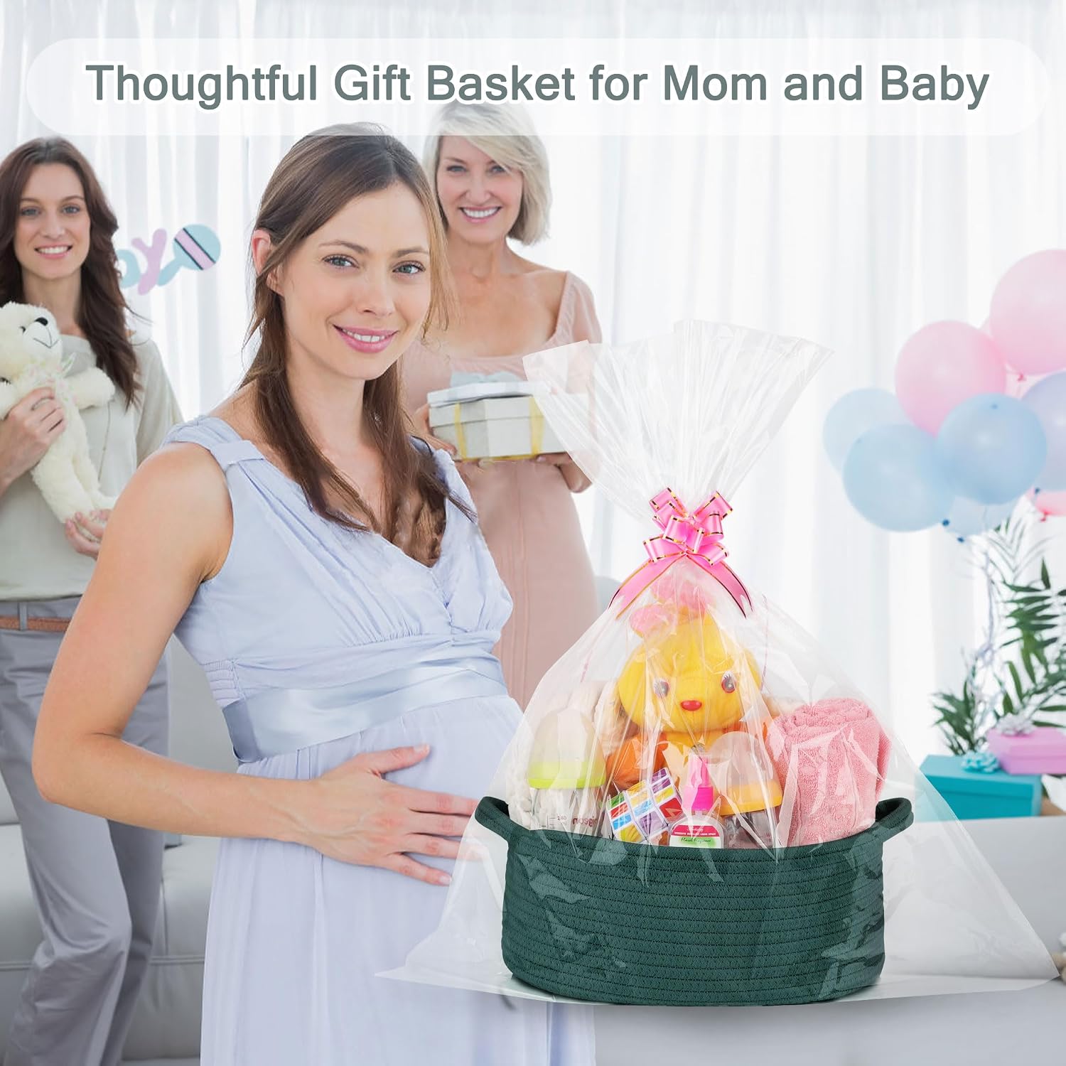 COMSE Empty Small Gift Basket with Bag & Ribbons, Dark Green