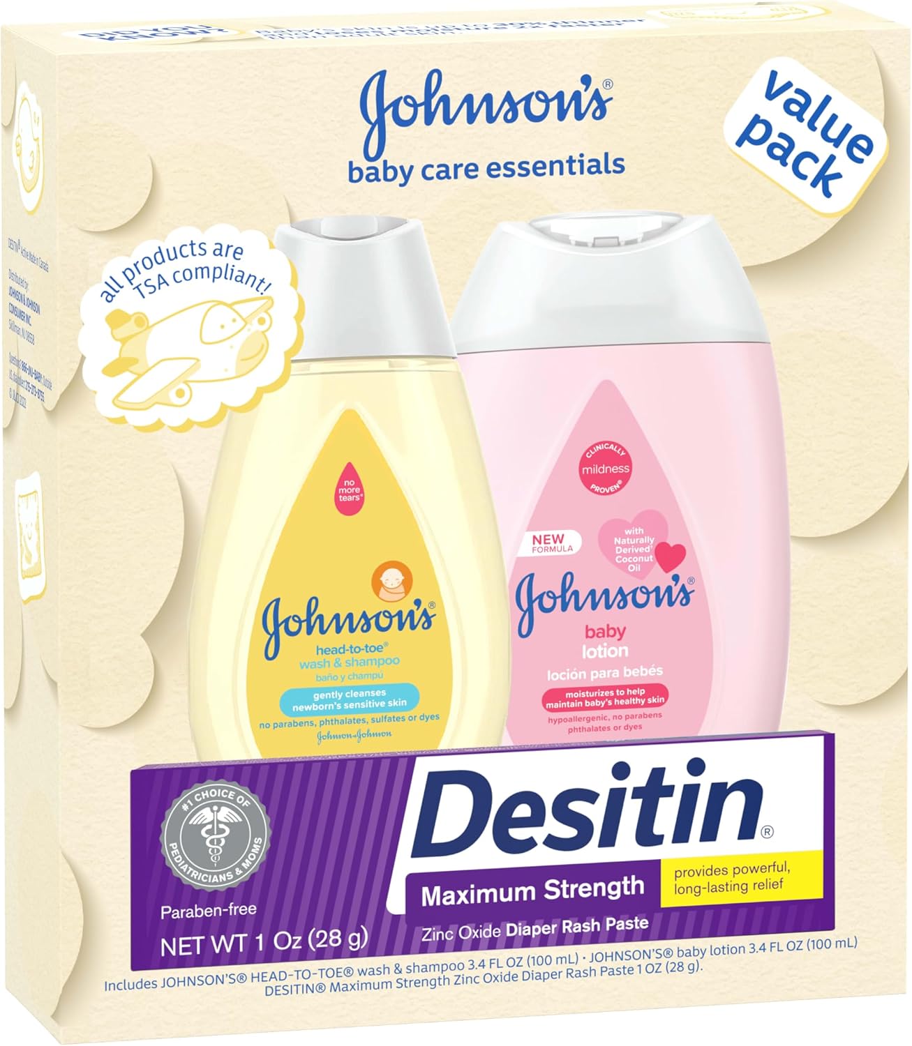 Johnson's Baby Care Essentials Gift Set, Body Lotion, & Zinc Oxide Diaper Rash Paste for Baby's Delicate Skin, Value Pack, Travel-Size, Bath Essentials Must Haves, Baby Gifts, 3 Items