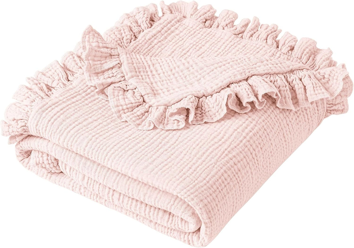 Konssy 100% Cotton Muslin Baby Blanket with Ruffle Trim for Girls, 43"x39"