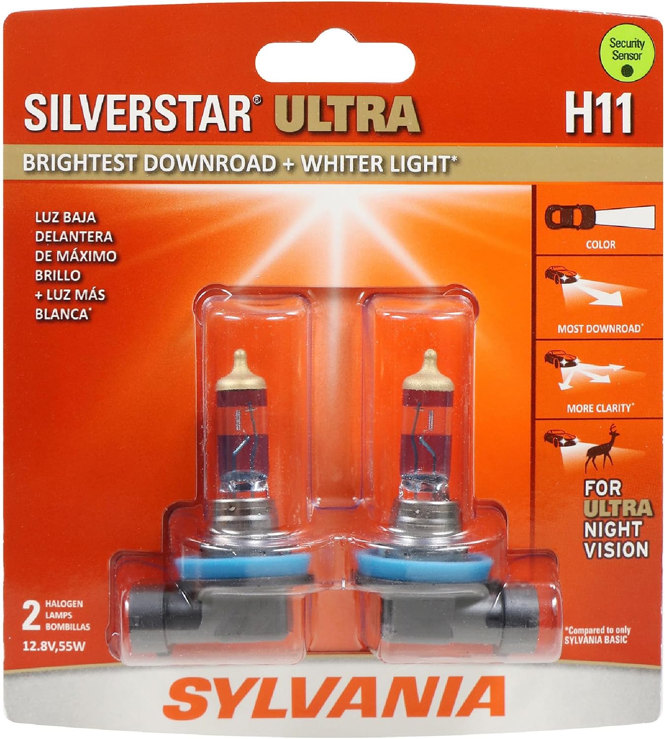 SYLVANIA H11 SilverStar Ultra Halogen Headlight Bulb, 2 Bulbs