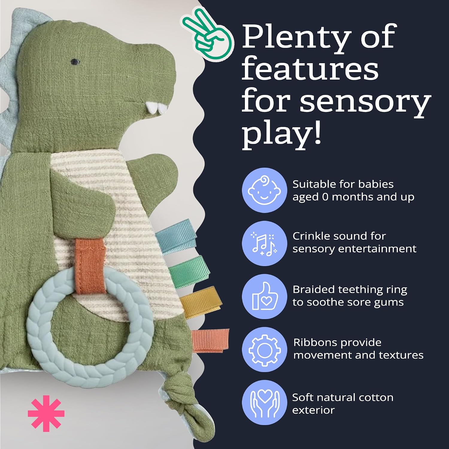 Itzy Ritzy Bitzy Crinkle Sensory Toy with Teething Toy, 0+ Months, Dinosaur