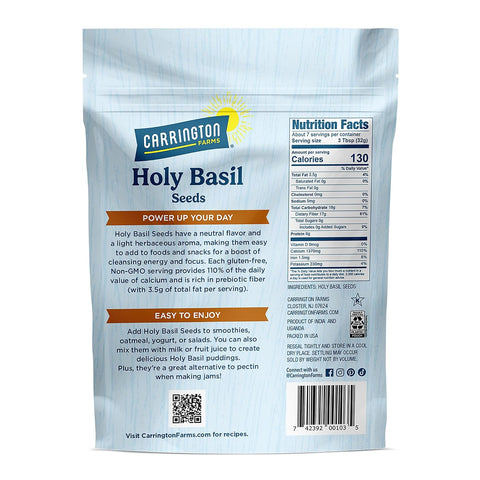 Carrington Farms Holy Basil Seeds (Tulsi/Sabja Seeds) 8 oz - High-Fiber Edible Seeds for Smoothies, Puddings, Falooda Drinks & Overnight Oats | Vegan, Keto & Paleo | Gluten-Free, Non-GMO