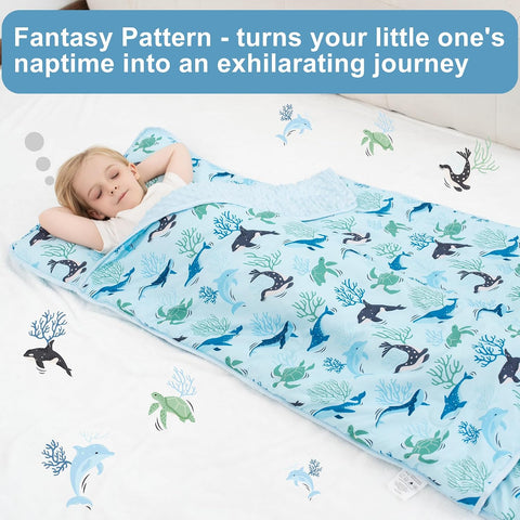 Viviland Toddler Nap Mat, Rolled Sleeping Mats with Pillow and Minky Dot Blanket for Girls Boys, Kids Slumber Bags/Nap Mat for Preschool, Daycare, Kindergarten, Travel Camping - Blue Ocean Whales