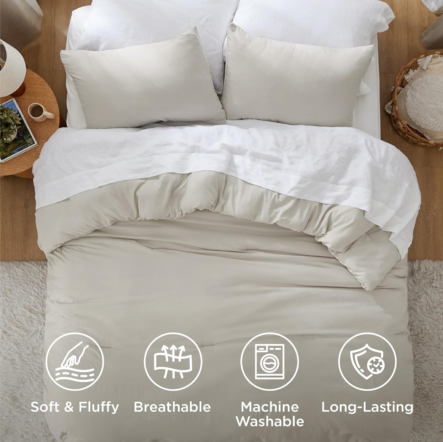 Bedsure Super King Plus Comforter Set Prewashed Soft 3Pcs Beige 128"x120"