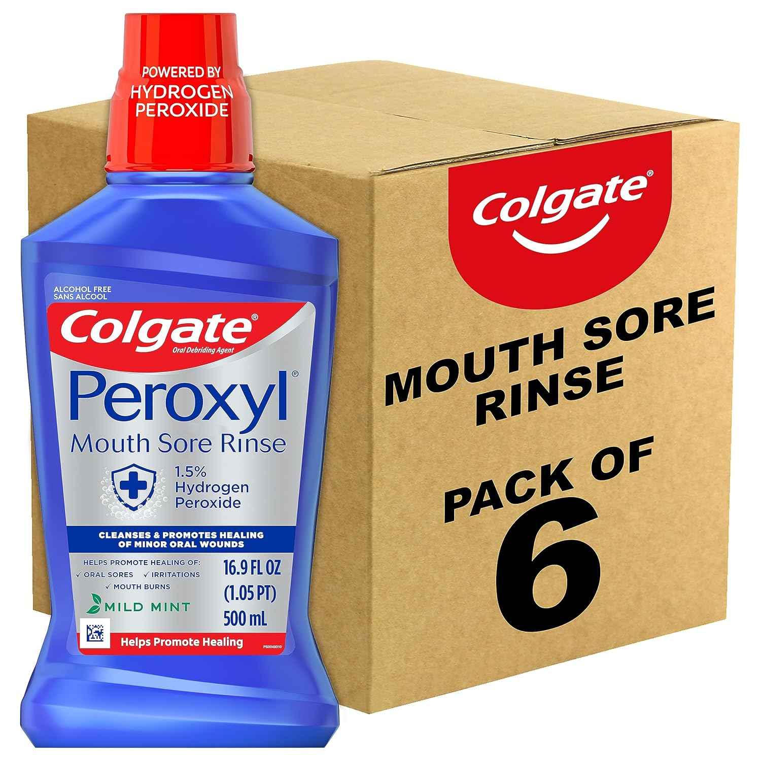 Colgate Peroxyl Antiseptic Mouth Sore Rinse, Alcohol Free, 1.5% Hydrogen Peroxide, Mild Mint, 8.45 Ounce (Pack of 6)