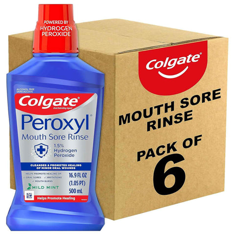 Colgate Peroxyl Antiseptic Mouth Sore Rinse, Alcohol Free, 1.5% Hydrogen Peroxide, Mild Mint, 8.45 Ounce (Pack of 6)
