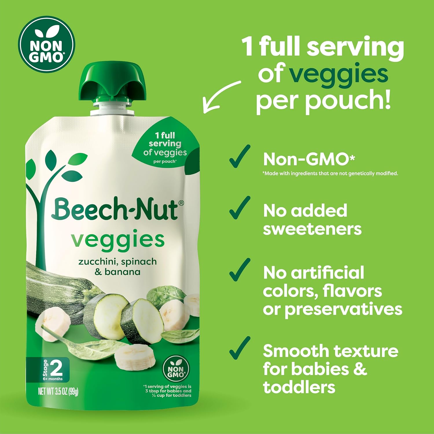 Beech-Nut Stage 2 Baby Food Pouch Variety Pack, Veggie Purees, 18 Pouches