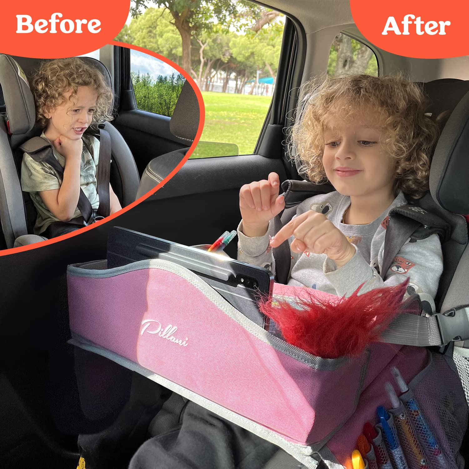 PILLANI Kids Travel Tray for Car - Car Seat Tray for Kids Travel, Road Trip Essentials, Carseat Table for Roadtrip Activities - Must Haves Toddler Lap Desk Organizer for Airplane - Car Accessories