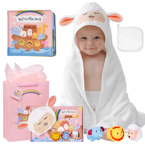 MyMateZoe My First Noahs Ark 7 pcs Baptism Gift Set, Dedication, Christening and Baptism Gifts for Girl and Newborn Baby, Includes Washcloth and Hooded Towel,Baby Bath Book, 3 Bath Toys and Gift Bag