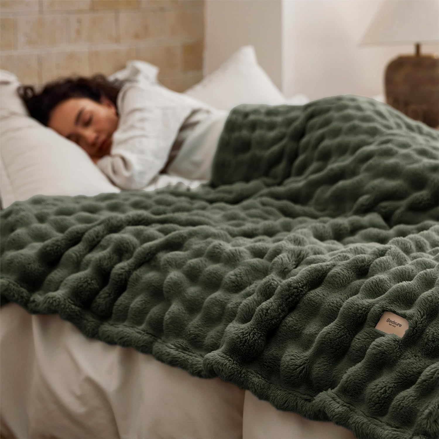 Bedsure 3D Fleece Bubble Blanket for Couch - GentleSoft Green Throw Blanket for Sofa Bed Room Decor - Luxury Soft Cozy Gifts for Women, Lightweight, All Seasons, Olive Green, 50"×60"