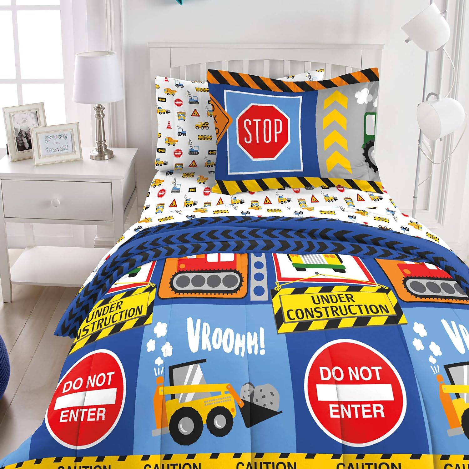 dream FACTORY Kids 5-Piece Complete Set Easy-Wash Super Soft Microfiber Comforter Bedding, Twin, Navy Blue Under Construction