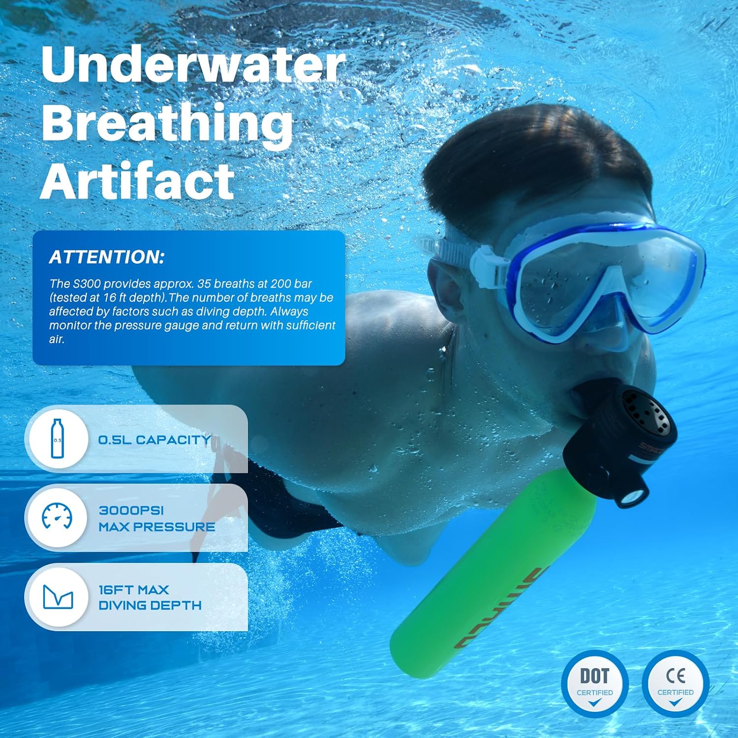 SMACO S300 Mini Scuba Tank, 0.5L Handheld Lung Air Tank