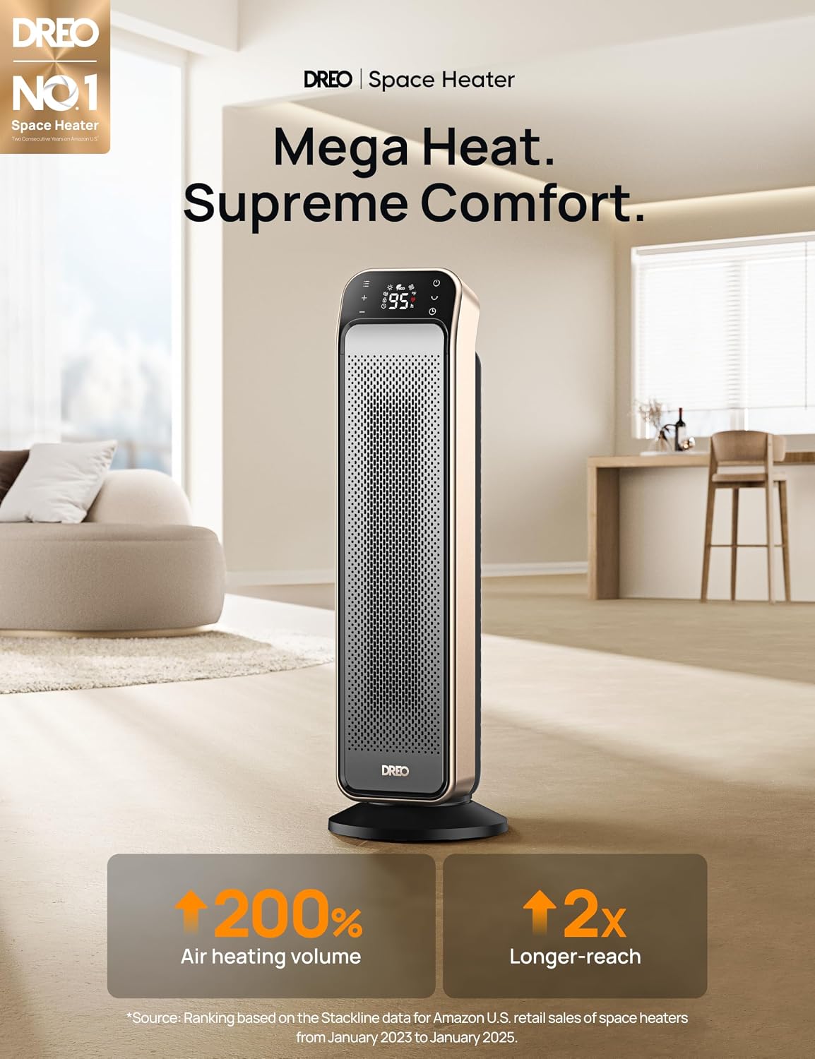 DREO 25 Inch Electric Space Heater for Indoor Use, Large Room, Thermostat