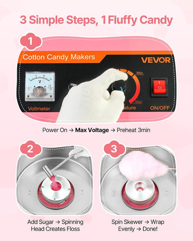 VEVOR Cotton Candy Machine Commercial, 1000W Electric Candy Floss Maker, Easy Use with 15 inch Stainless Steel Bowl and Sugar Scoop, Makes Hard Candy for Home Kids Birthday, Family Party, Pink