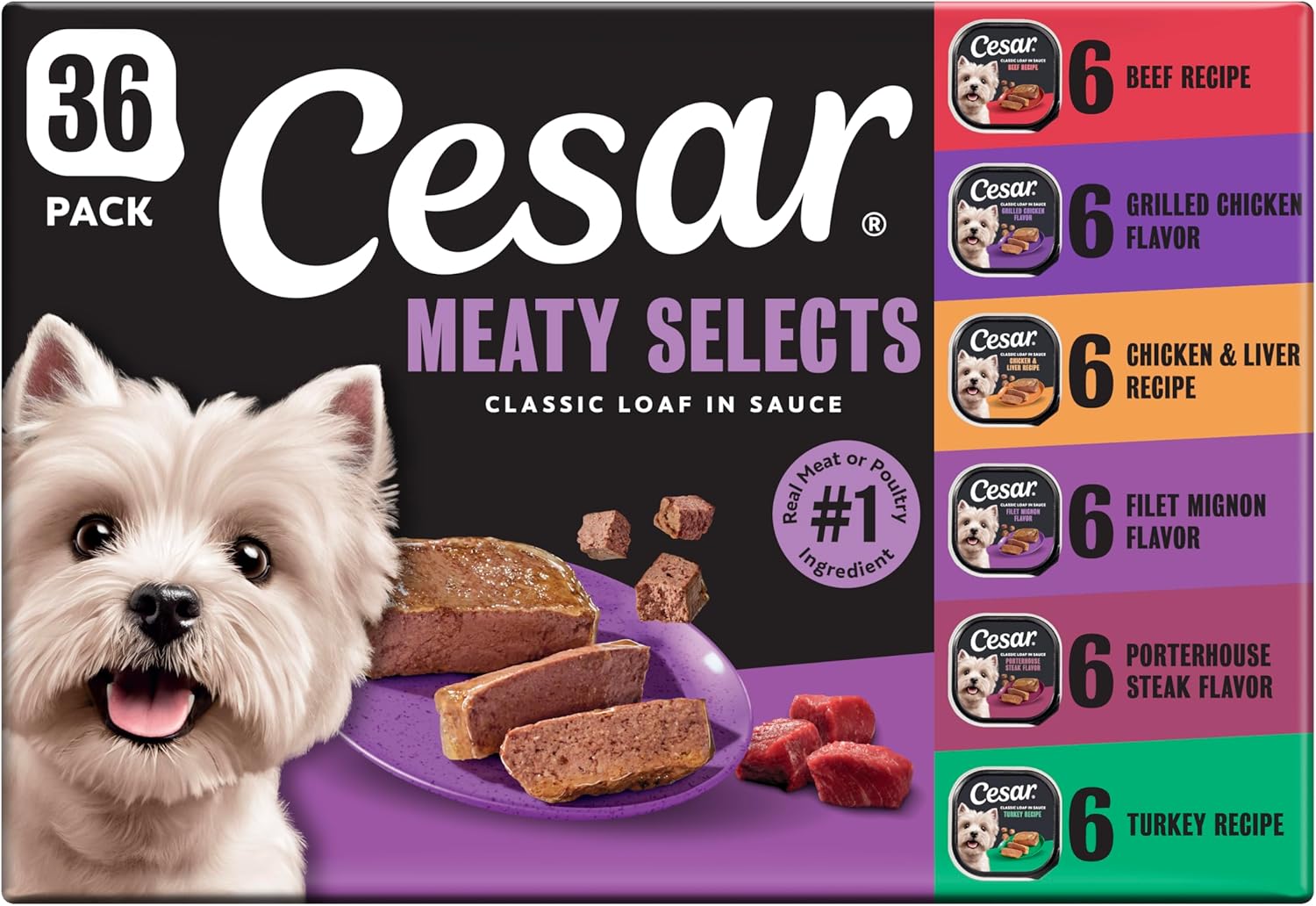 Cesar Classic Loaf in Sauce Wet Dog Food, Meaty Selects, 3.5 oz, 36 Count
