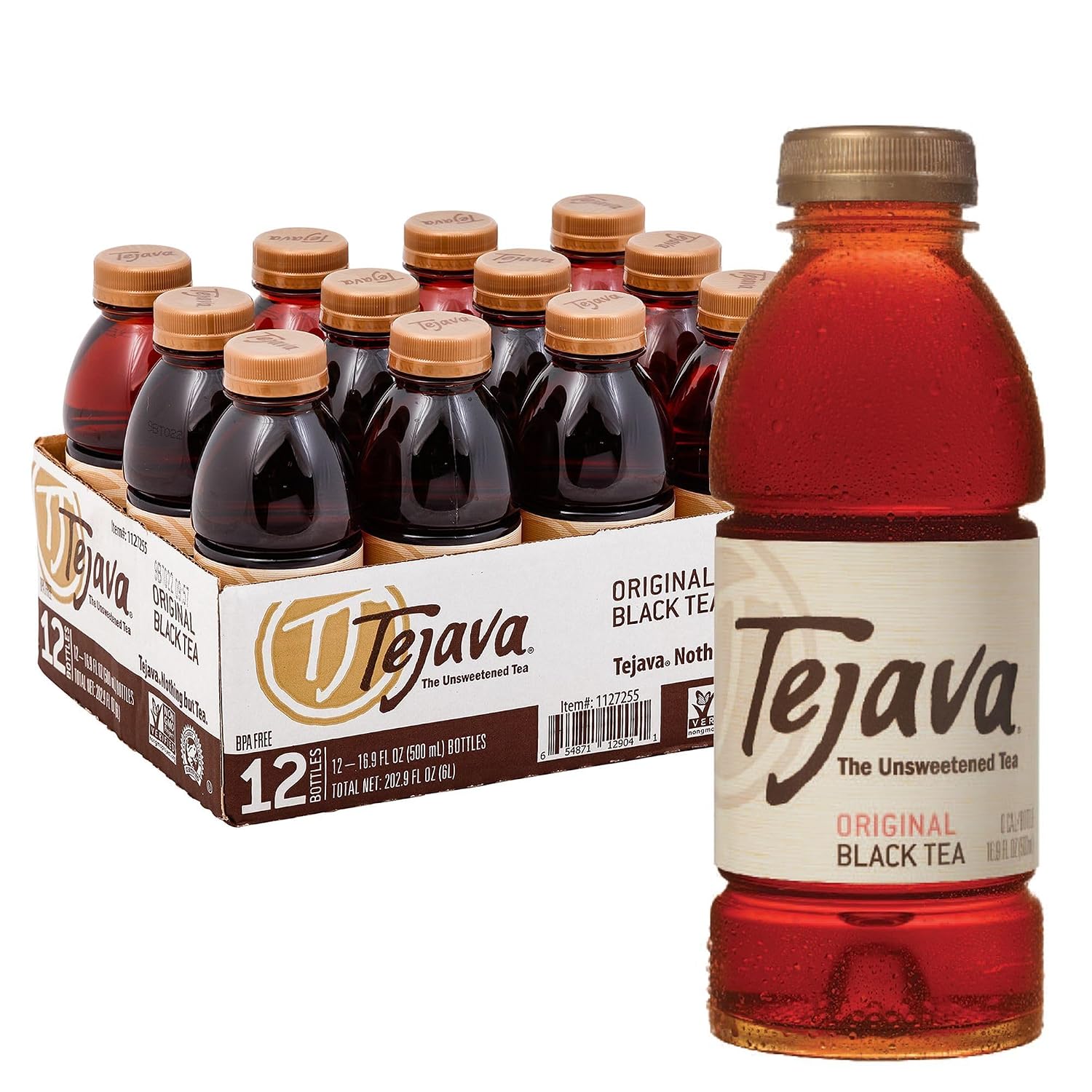 Tejava Original Unsweetened Black Iced Tea, 16.9 fl oz, Pack of 12 | BPA-Free 30% rPET Bottles, Java Black Tea Leaves, No Sugar, No Sweeteners, 33 mg Caffeine Per 8 Oz